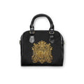 Baroque Gold Crest Shoulder Handbag — Elegant Monogrammed Black Purse