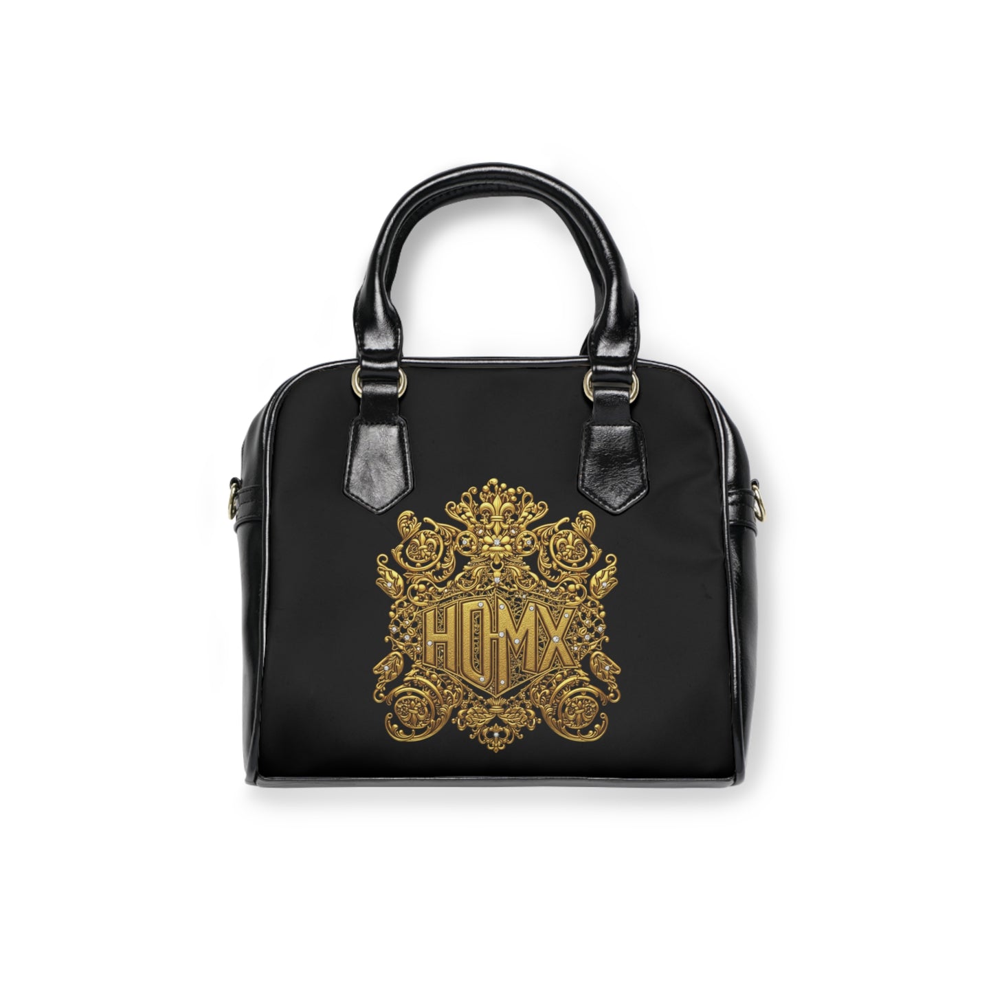 Baroque Gold Crest Shoulder Handbag — Elegant Monogrammed Black Purse