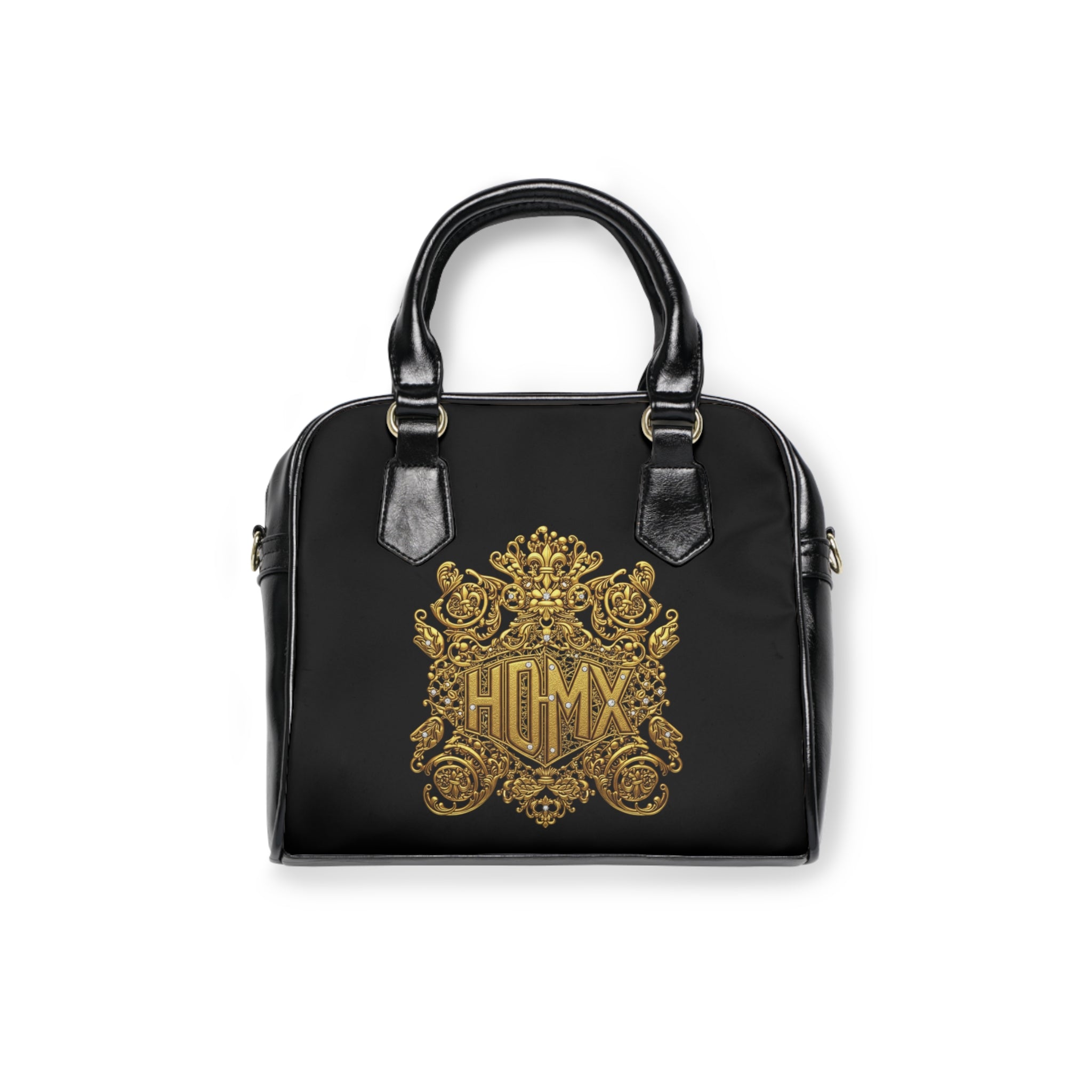 Baroque Gold Crest Shoulder Handbag — Elegant Monogrammed Black Purse