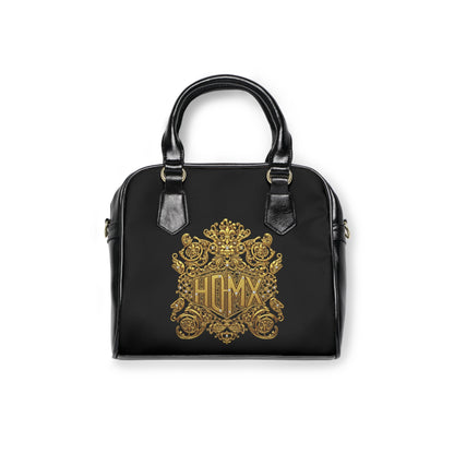 Baroque Gold Crest Shoulder Handbag — Elegant Monogrammed Black Purse