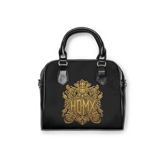 Baroque Gold Crest Shoulder Handbag — Elegant Monogrammed Black Purse