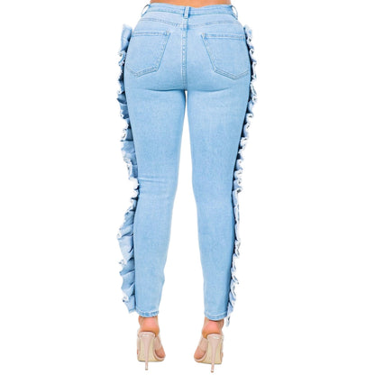 High Waist Sequin Fringed Patch Skinny Jeans