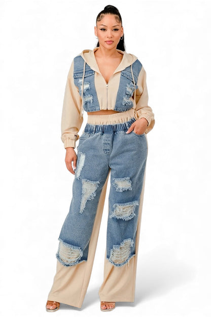Denim Patchwork Hoodie & Wide-Leg Pant Set