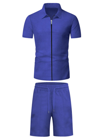 Men's Plus Size Zip Up Short Sleeve Top and Shorts Set