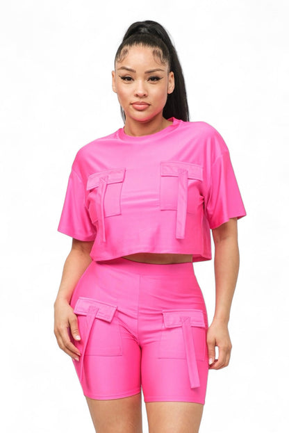 Front Pockets Detail Crop Top and Biker Shorts Set