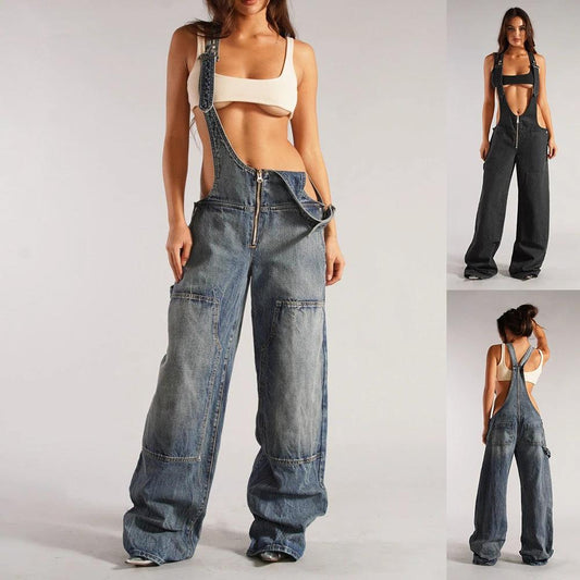 Y2K Denim Overalls - Zipper Suspender Jumpsuit Streetwear
