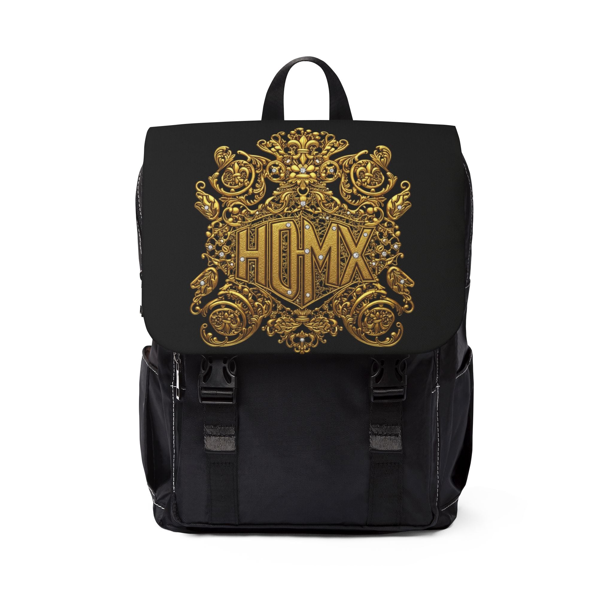 Ornate Gold Crest Backpack — Vintage Baroque Monogram Shoulder Bag