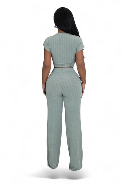 Cropped Belted Top Wide Leg Bottom 2 Piece Set {Tall Girl Friendly}