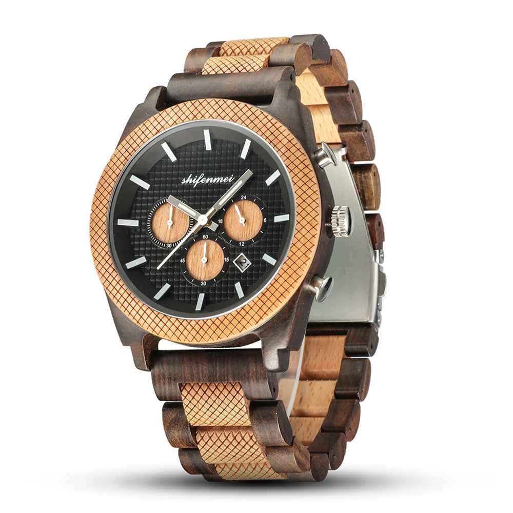 Men's Wood Chronograph Watch - Six Hand Calendar Sports Casual Timepiece