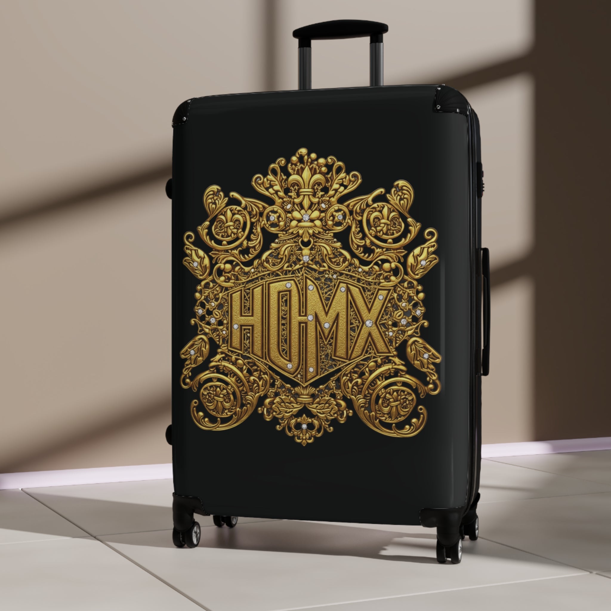 Black Carry-On Suitcase with Ornate Gold Baroque Monogram (HUMX)