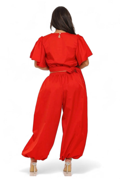 Ruffle Short Sleeve Crop Top & Jogger Pants Set