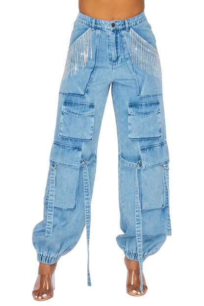 Denim  Cargo with Rhinestone Joggers **NO STRETCH**