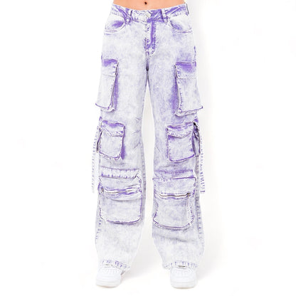 Multiple Pocket Acid Wash Denim Pants- RJH30665
