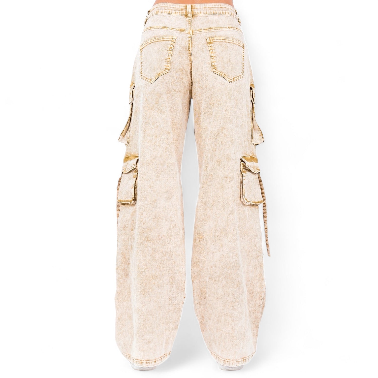 Multiple Pocket Acid Wash Denim Pants- RJH30665