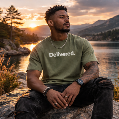 Delivered. Heaven Sent Christian T-Shirt — Faith-Based Graphic Tee with Back Label Design