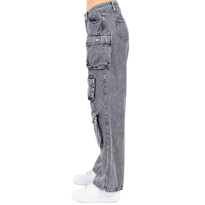 Acid Wash Denim Wide Leg Pocket Pants- RJH30564