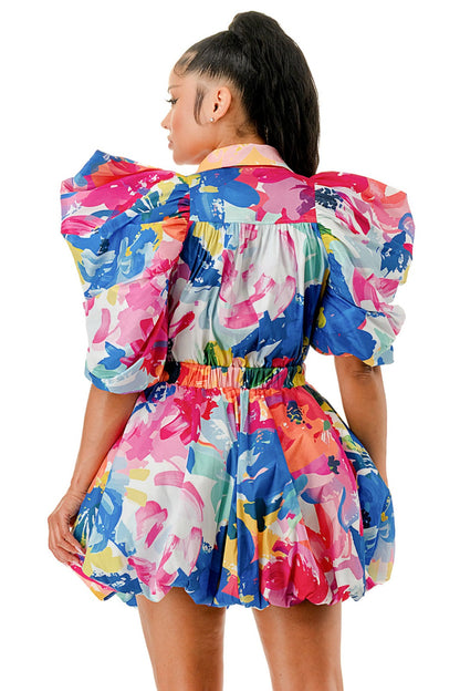 MultiColor Puffy Sleeve Bubble Hem Mini Dress