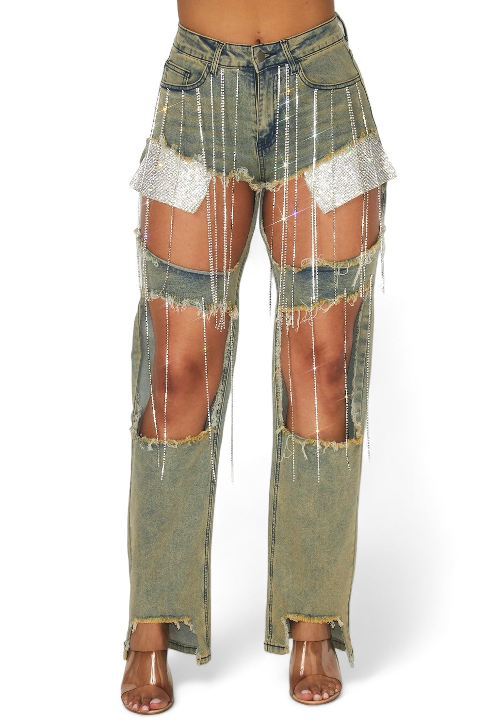Elaine Rhinestone Chain Embellished Denim Jeans
