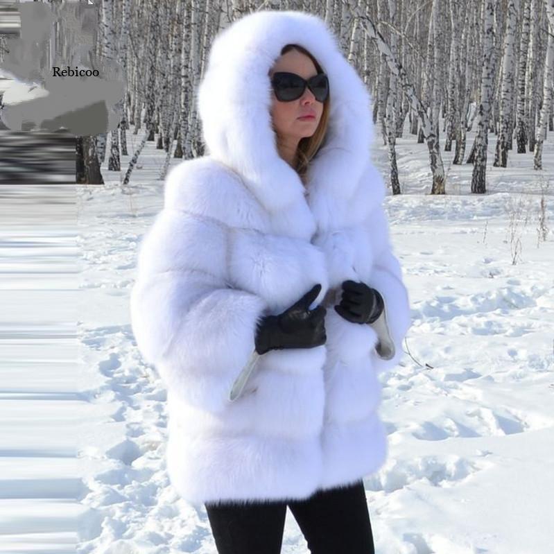 Women's Imitation Fur Hooded Mid-length Slim Fit Coats