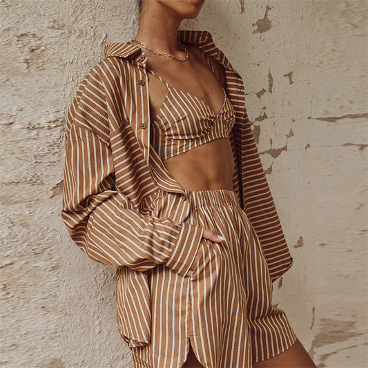 Three-piece Striped Single-breasted Long Sleeve Lapel Suits