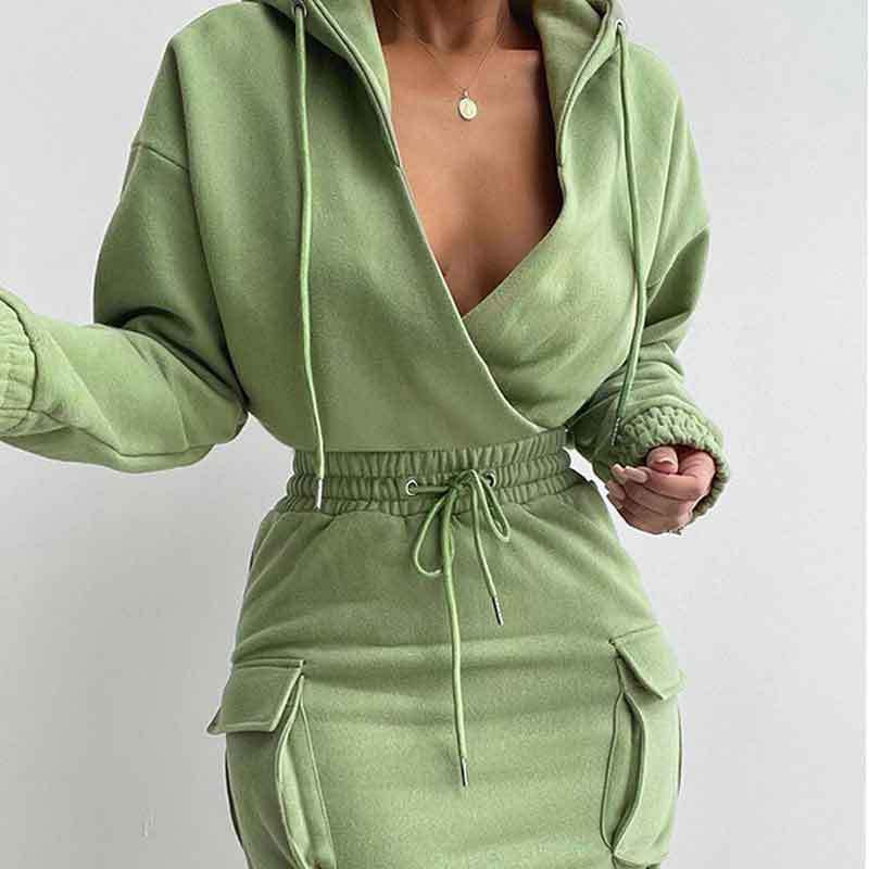 Waist Pocket Sweatshirt Dress Trimming Lace Up Long Dresses