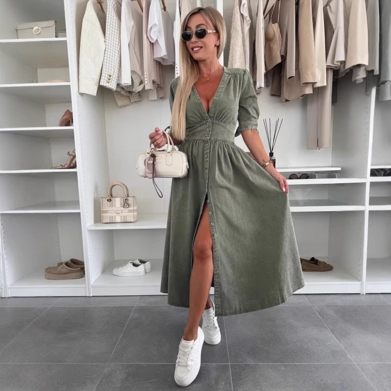 Women's Fashion Sexy Long Button Denim Dress Dresses
