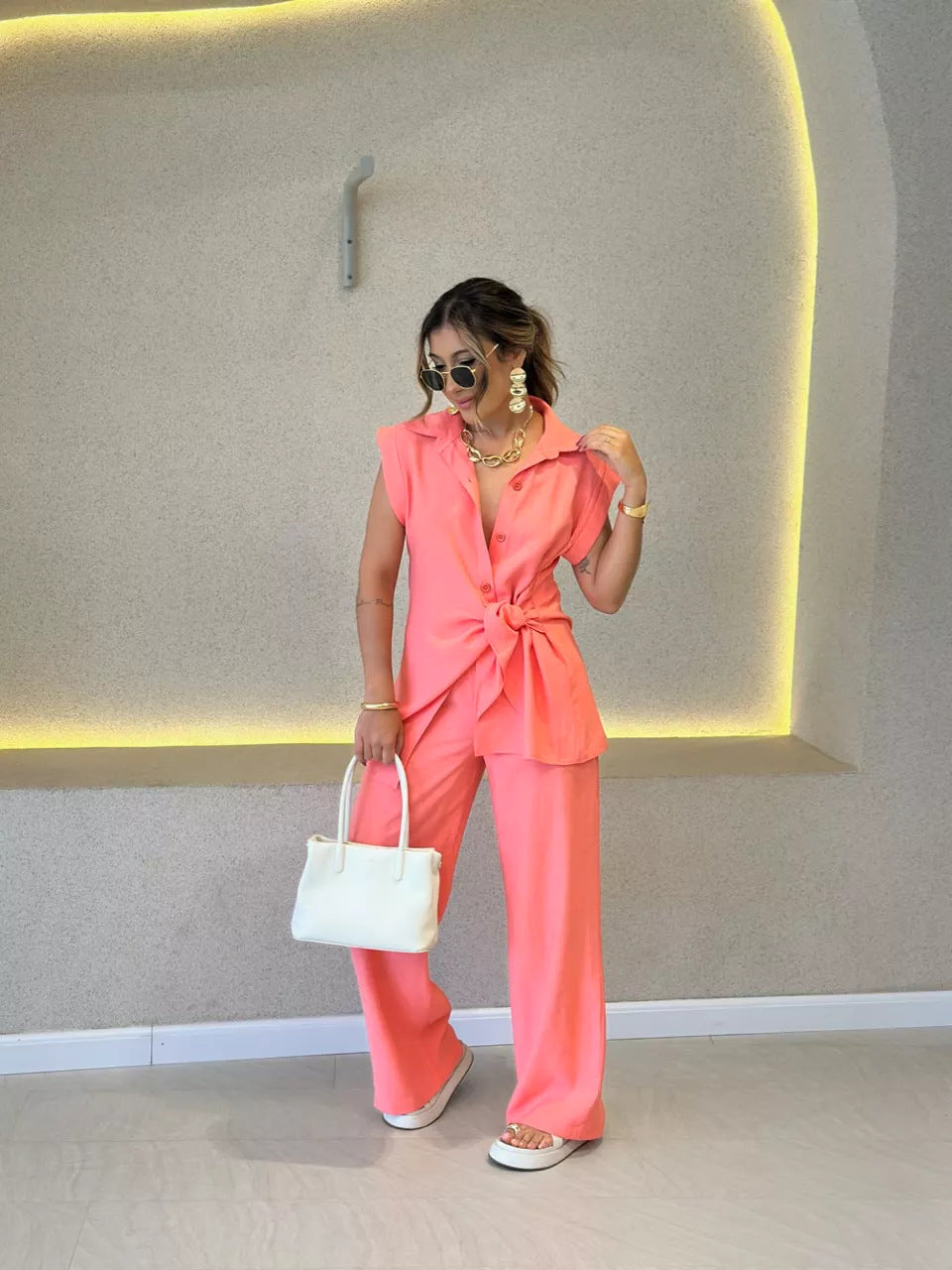 Women's Fashion Waist Short-sleeved Shirt High Casual Suits
