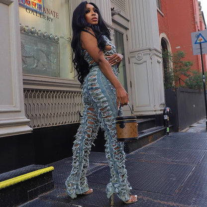 Women's Denim Trendy Unique Hand Frayed High Suits