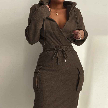 Waist Pocket Sweatshirt Dress Trimming Lace Up Long Dresses