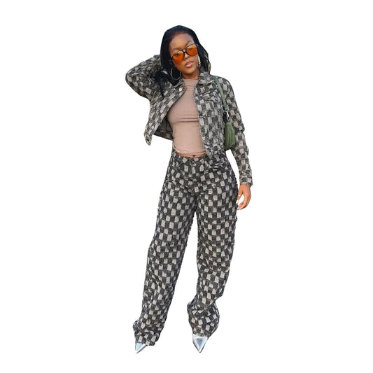 Women's Winter Casual Jacquard Plaid Washed Denim Suits