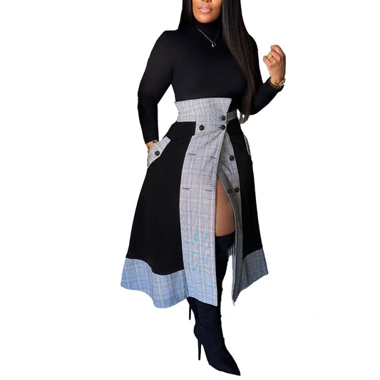 Turtleneck Plaid Split Midi Dress Two-piece Suits