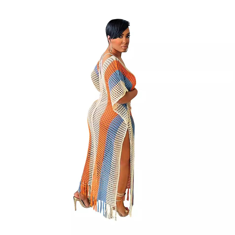 Women's Striped Tassel Knitted Beach Dress Dresses