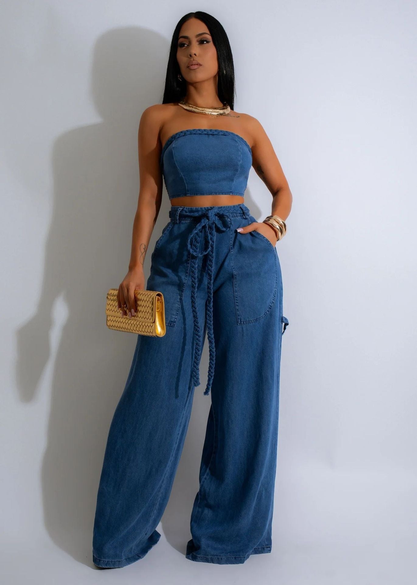 Women's Casual Cool Denim Tube Braid Rope Suits
