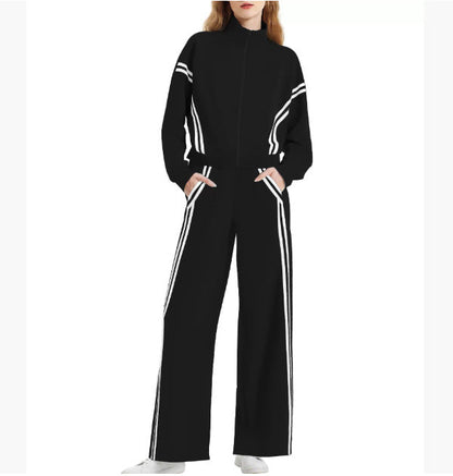 Wear Zipper Sports Contrast Color Striped Suits