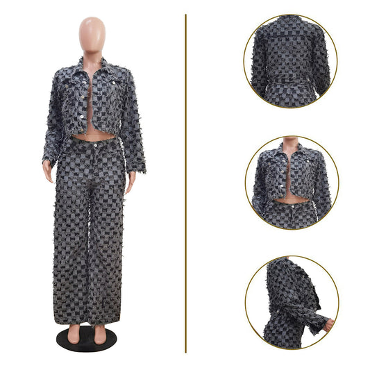 Women's Winter Casual Jacquard Plaid Washed Denim Suits