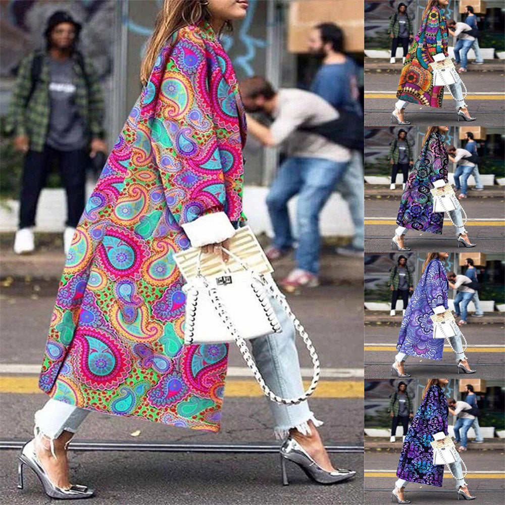 Women's Fashion Loose Ankle Print Woolen Printing Coats