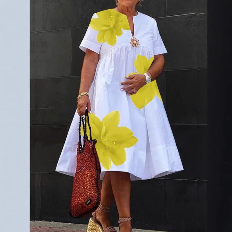 Women's Collar Pleated Sleeve White Background Loose Dresses
