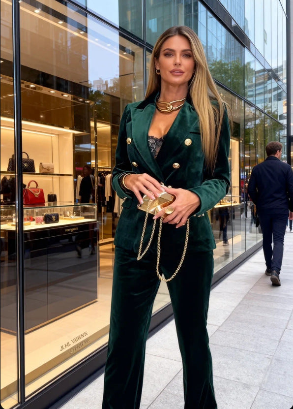 Women's Fashion Double Breasted Veet Two-piece Suits