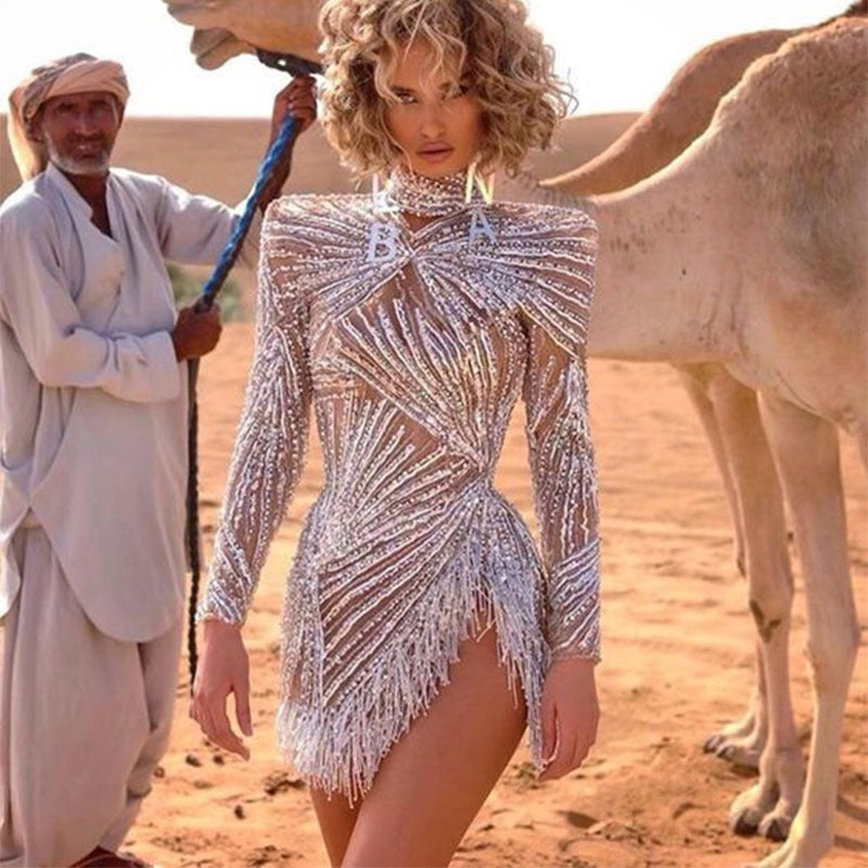 Women's Sexy Long-sleeved Dress Gold Sier Tassel Suits