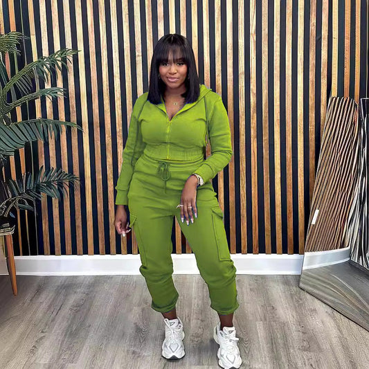 Women's Brushed Hoody Overalls Pocket Solid Color Suits