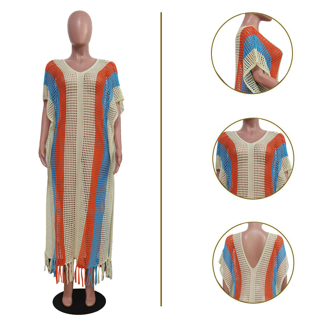 Women's Striped Tassel Knitted Beach Dress Dresses
