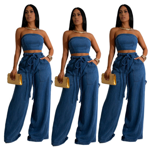 Women's Casual Cool Denim Tube Braid Rope Suits