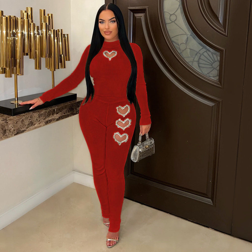 Women's Casual Heart-shaped Rhinestone Solid Color Suits