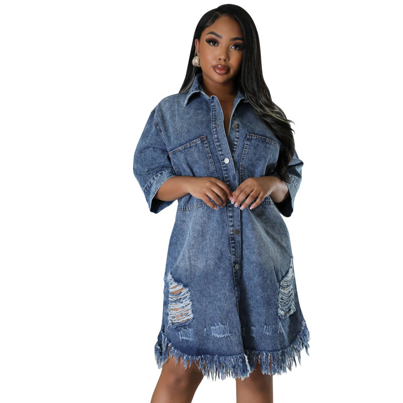 Women's Denim Ripped Tassel Sleeve Lapel Dress Dresses