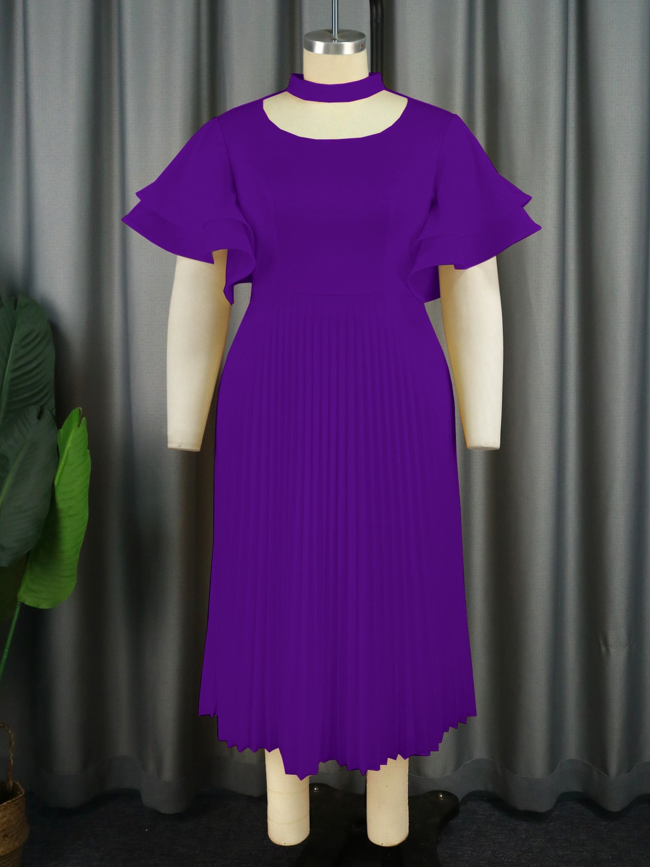 Personality Hollow Out Collar Pleated Elegant Style Ruffled Flared Dresses