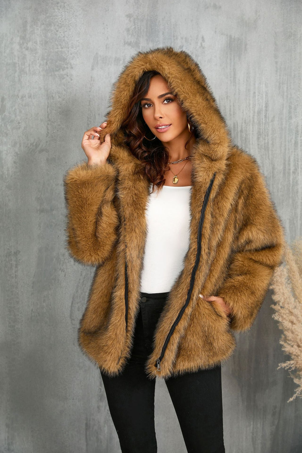 Imitation Fur Solid Color Loose Hooded Coats
