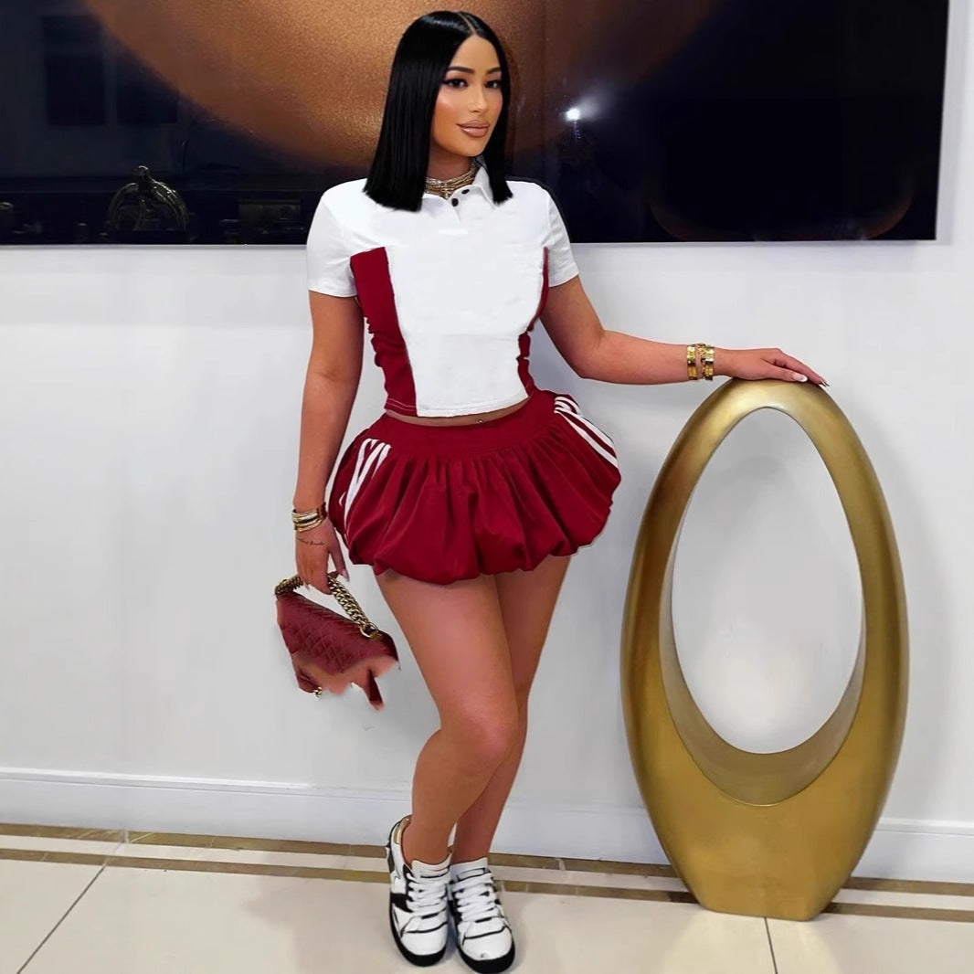 Summer Sleeve Polo Collar Striped Mini Suits