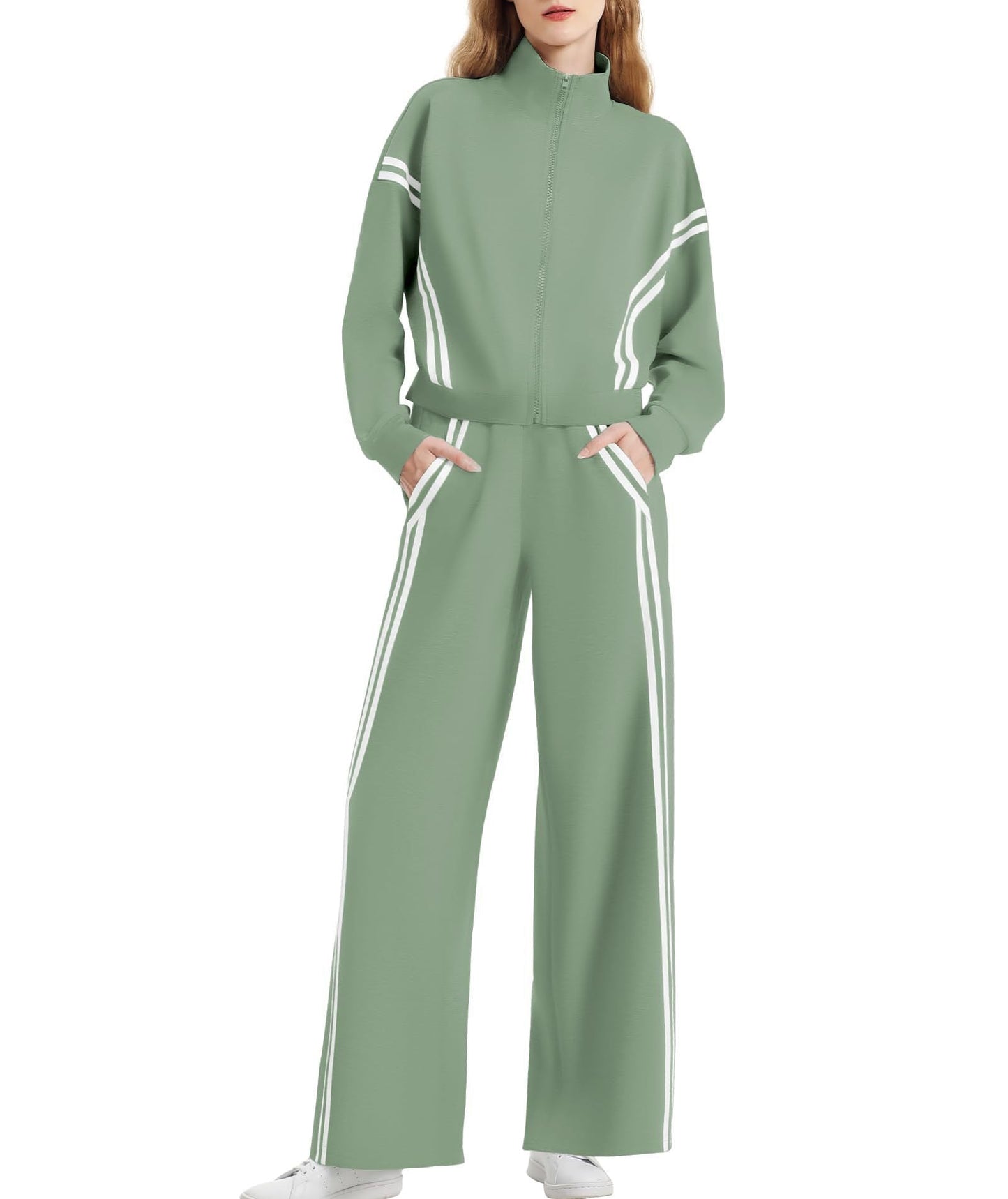 Wear Zipper Sports Contrast Color Striped Suits