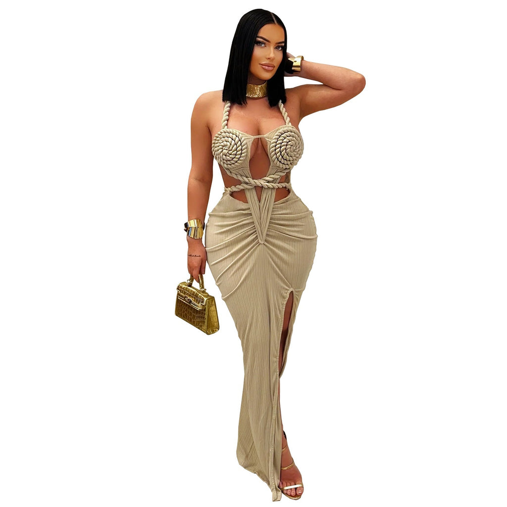 Women's Wear Sexy Knitted Halter Backless Solid Dresses