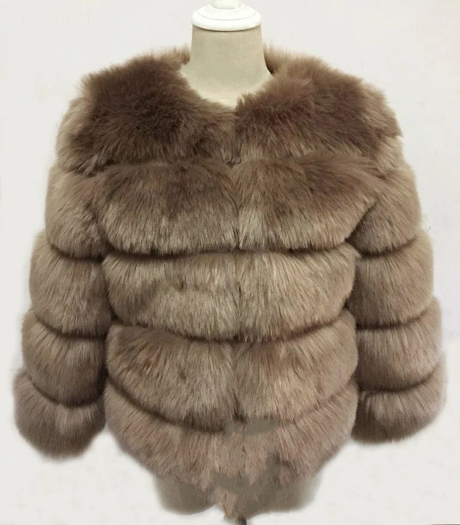 Women's Faux Fox Fur Round Neck Slim Coats